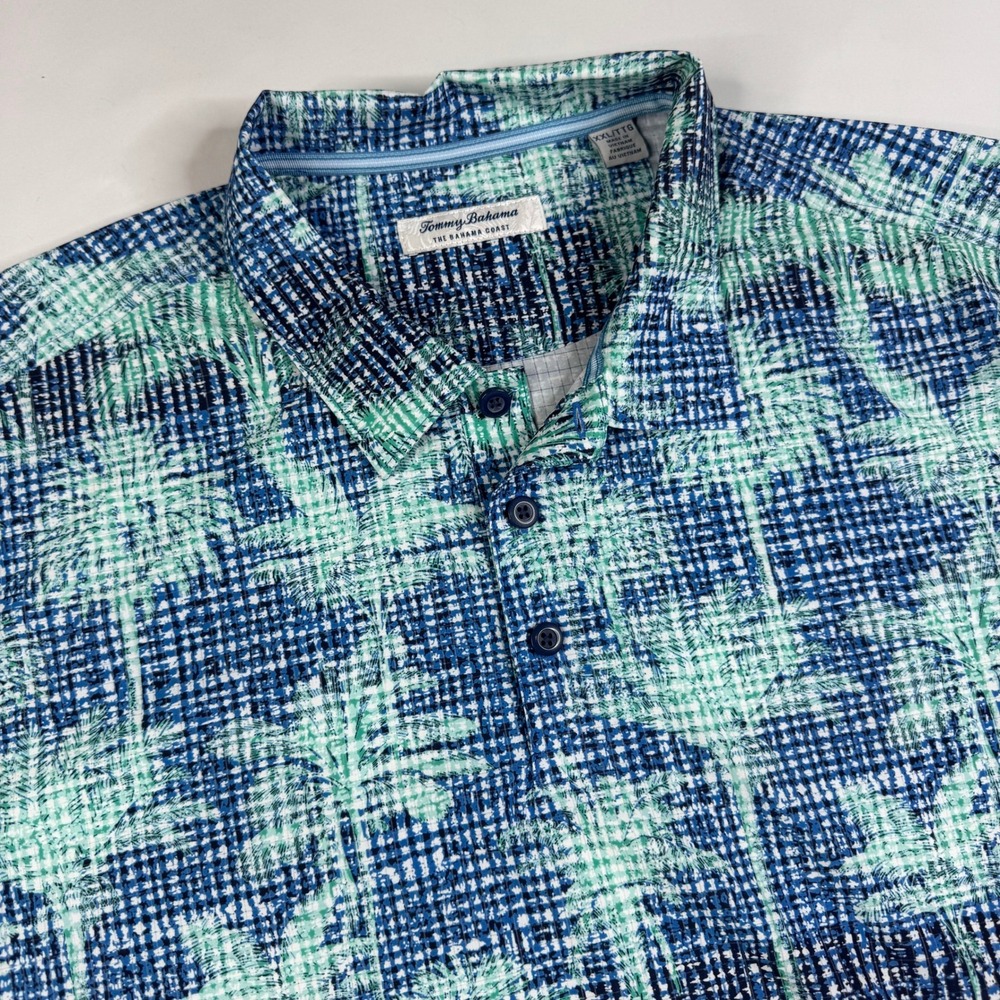 Tommy Bahama Polo Shirt Mens XXL Blue Bahama Coast Palm Stretch Short Sleeve